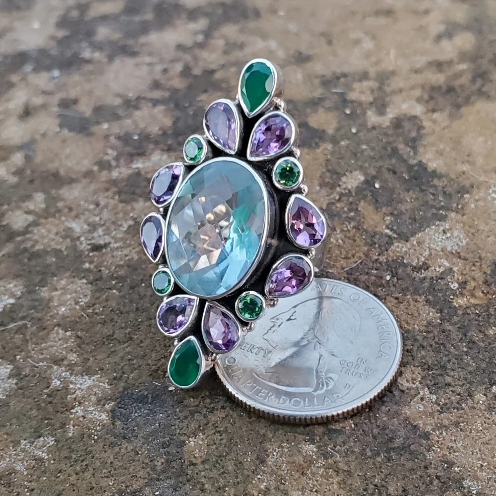 Nicky Butler Aqua Quartz Amethyst Chalcedony 925 Sterling Silver Size 10.5 Ring